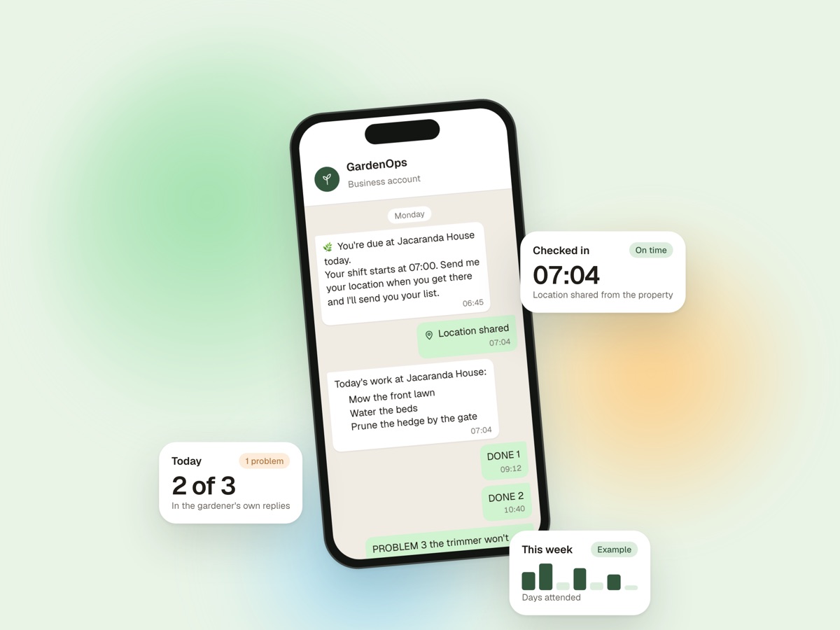 GardenOps: the gardener's day on WhatsApp, with the owner's record of the check-in, the tasks done and the week.